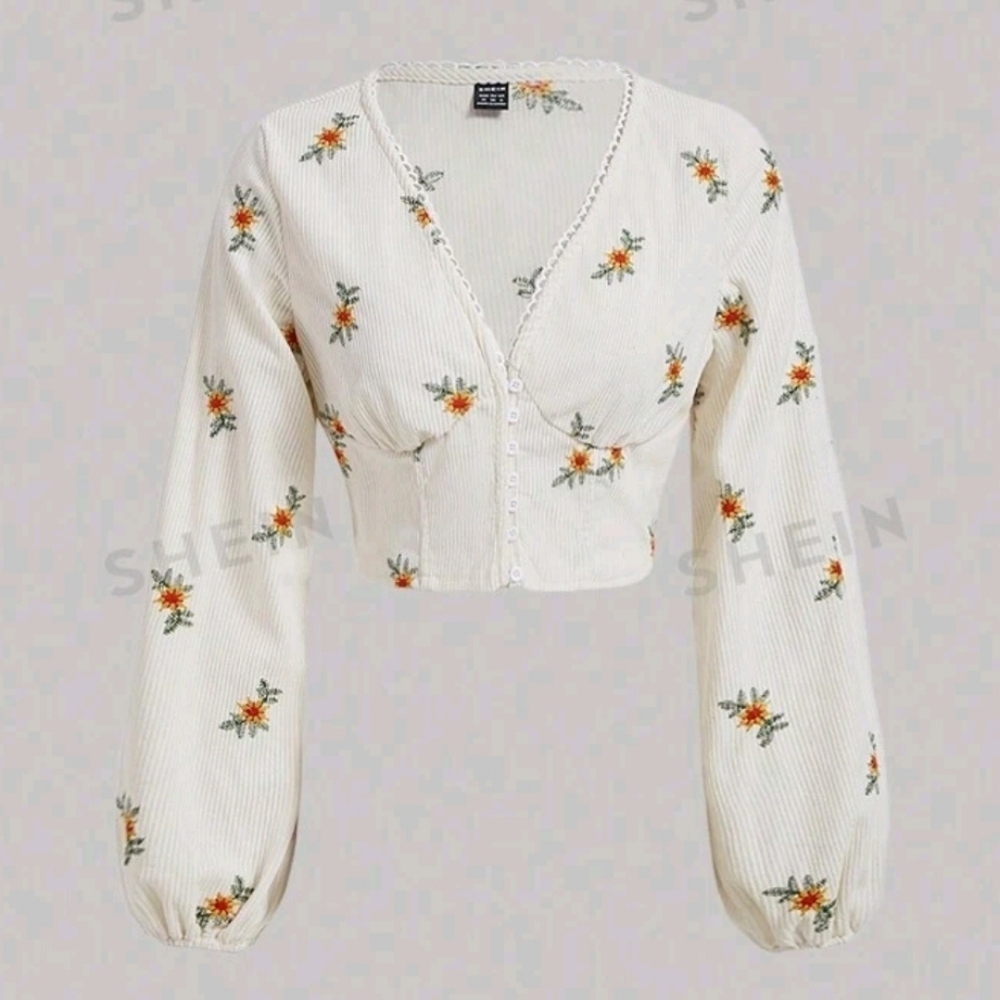 Shein Mod Floral Print Lantern Sleeve Crop Button Up Blouse size Small